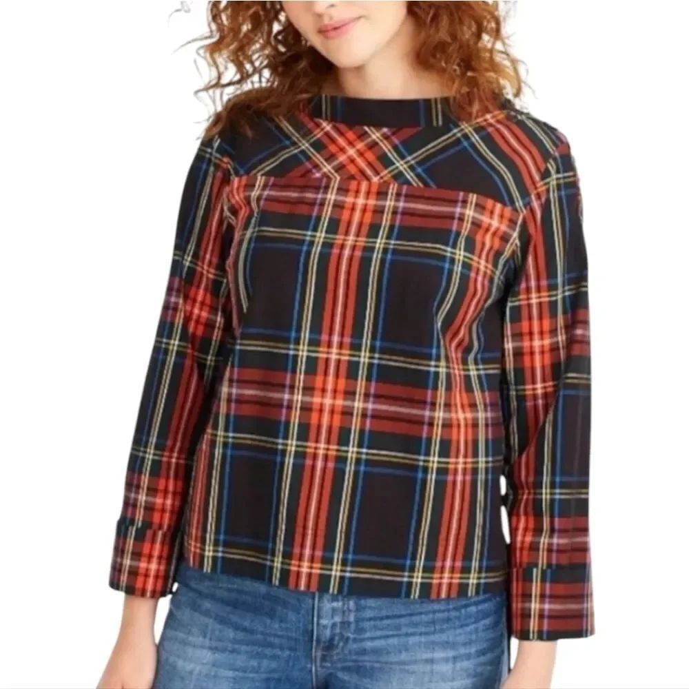 NWT J. Crew Multicolor Plaid Christmas Festive Top Blouse Crystal Buttons Sz 4